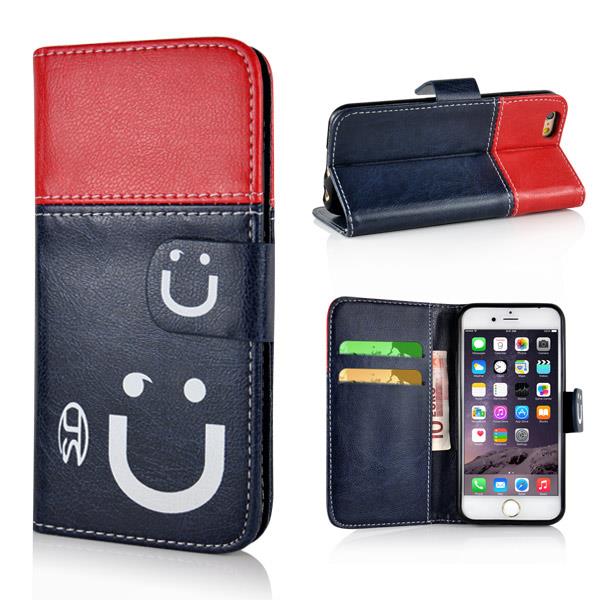Cute Smile Face Dual Color Magnetic Stand Leather Case with Card Holder for iPhone 6 4.7 inch   Red/Pink