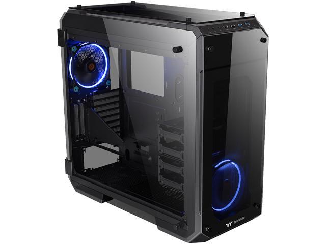 Thermaltake View 71 4-Sided Tempered Glass Vertical GPU Modular SPCC E-ATX Gaming Full Tower Computer Case w/ 2 Blue LED Ring Fan Pre-Installed CA-1I7-00F1WN-00